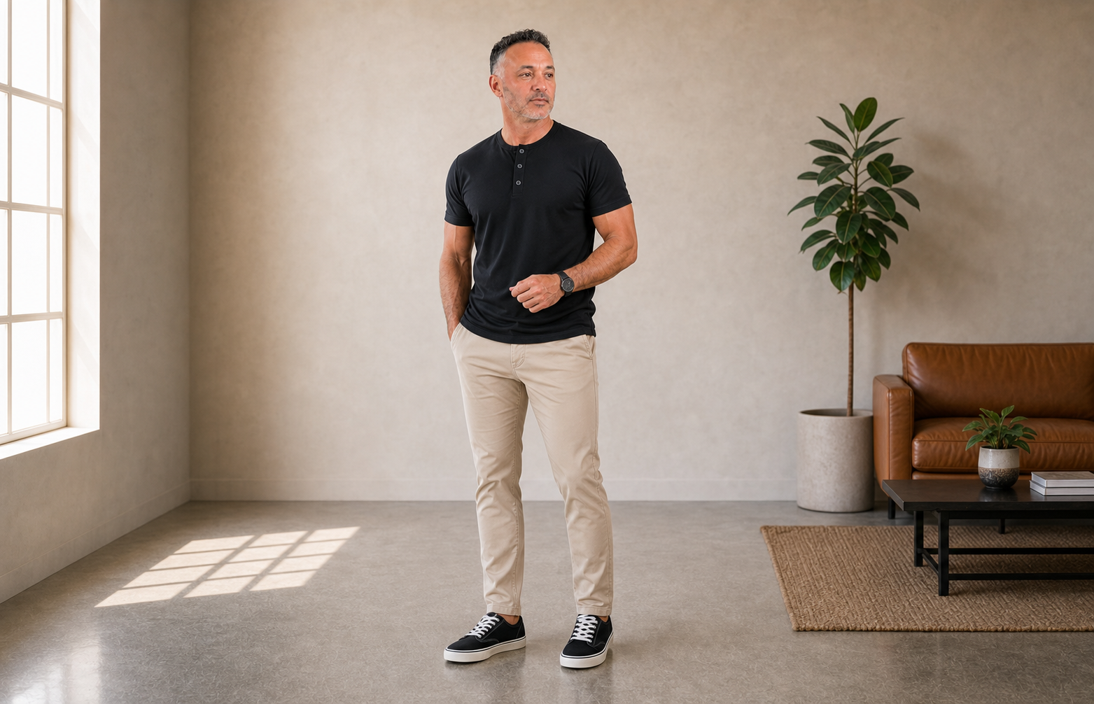Man wearing a black short-sleeve henley with khaki slacks and black canvas sneakers