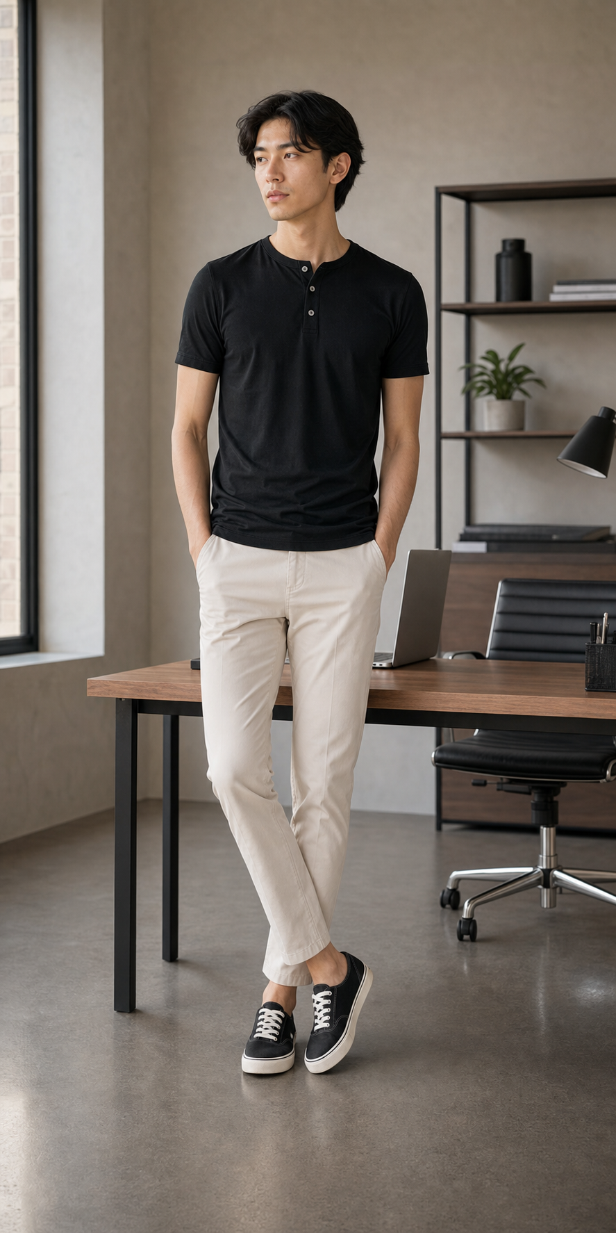 Lean-build model wearing a black Henley in a modern office workspace