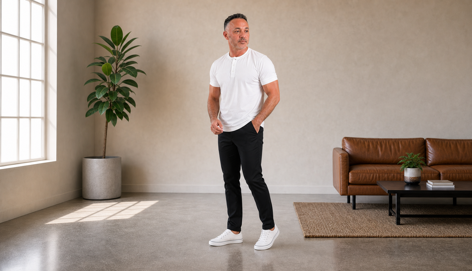Man in a white short-sleeve henley with black slacks and white canvas sneakers