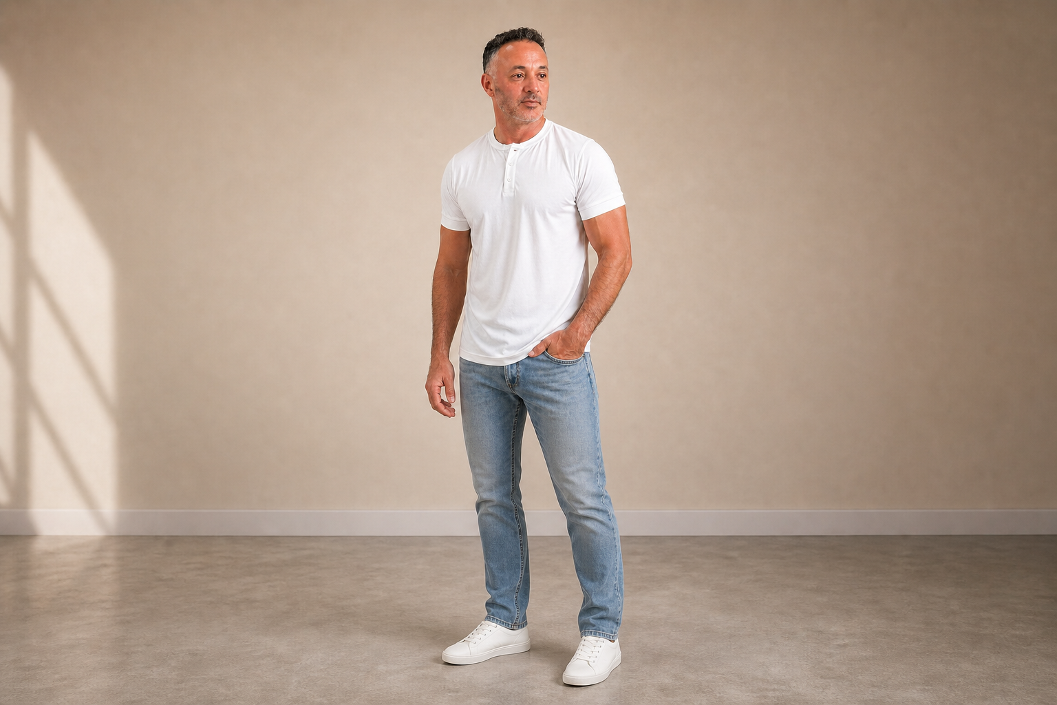 Founder wearing a white short-sleeve henley with light blue jeans in a warm studio