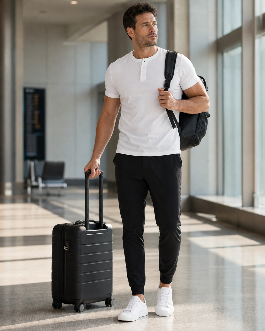 Athletic-build model wearing a white Henley in an airport with a carry-on