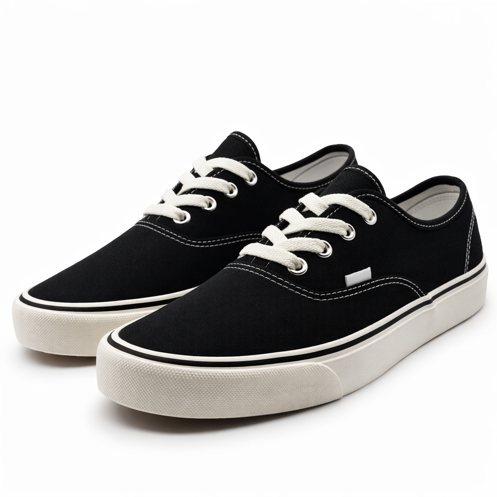 Black low-top canvas sneakers with white laces and rubber soles